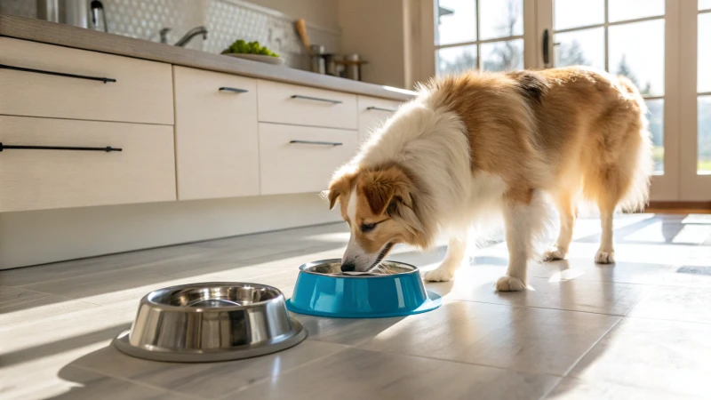 Un cane di media taglia guarda due ciotole in una cucina