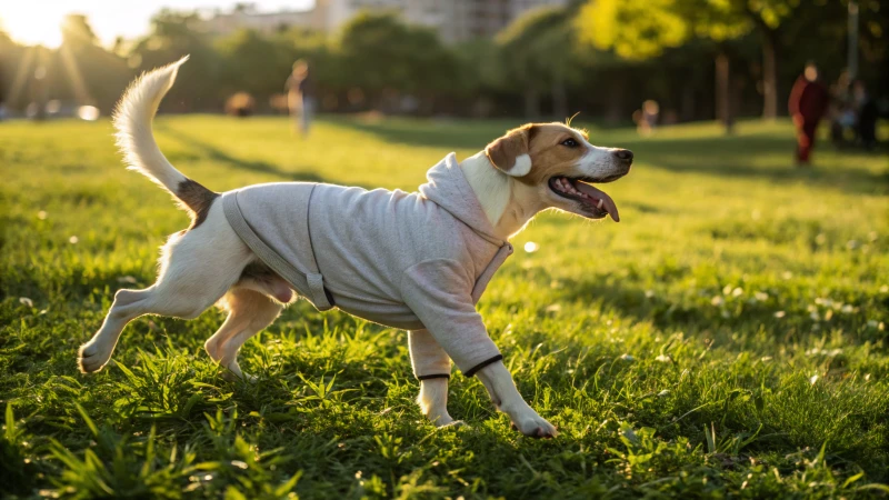 綿の服を着て公園で遊ぶ中型犬。
