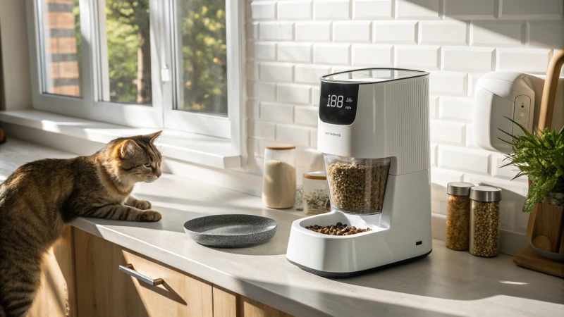 Une mangeoire automatique moderne pour animaux de compagnie dans une cuisine élégante