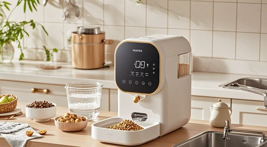 Un distributeur automatique d'aliments pour animaux de compagnie moderne au design épuré dans une cuisine