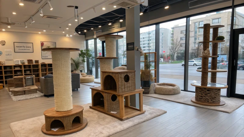 Une salle d'exposition moderne présentant d'élégants meubles pour chats