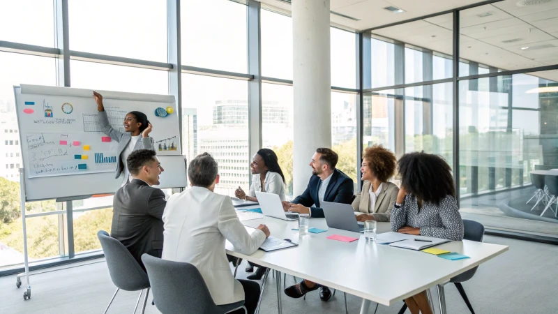 Professionisti diversi in una sala conferenze per discutere della garanzia di qualità del prodotto