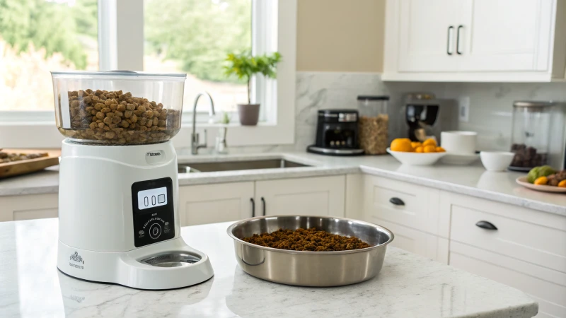 Une cuisine moderne équipée d'un distributeur automatique de nourriture pour animaux et d'une mangeoire manuelle