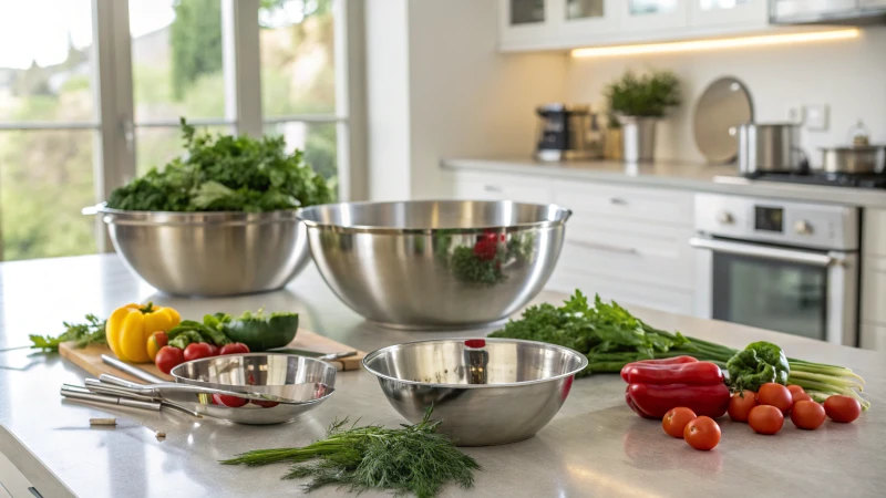Une cuisine moderne avec des bols en acier inoxydable et des légumes frais