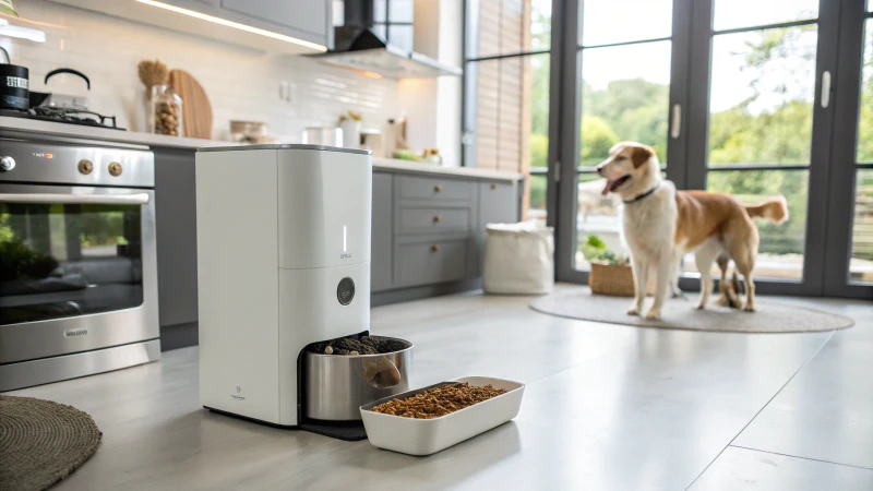 Una cucina moderna con una mangiatoia intelligente per animali domestici che distribuisce cibo per un cane