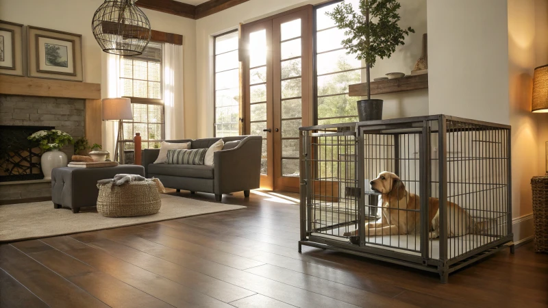 Un salon moderne avec une cage à chien et une décoration élégante