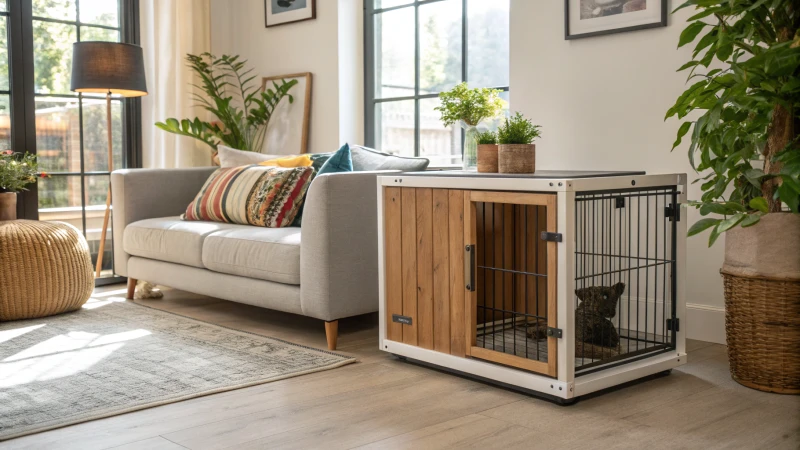 Soggiorno moderno con gabbia per cani e divano in stile
