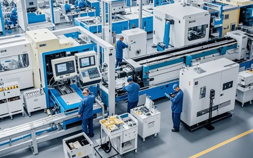 Interior de una moderna fábrica con trabajadores y máquinas