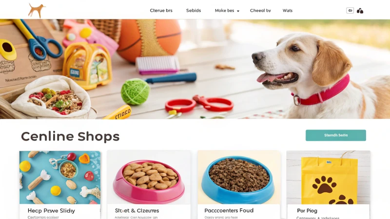 A vibrant online shop interface displaying pet products