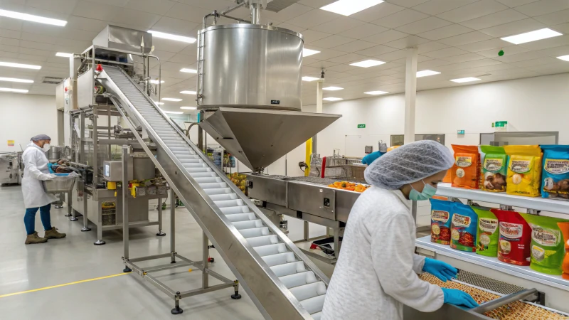 Interno di un moderno stabilimento di produzione di alimenti per animali domestici con macchinari e operai