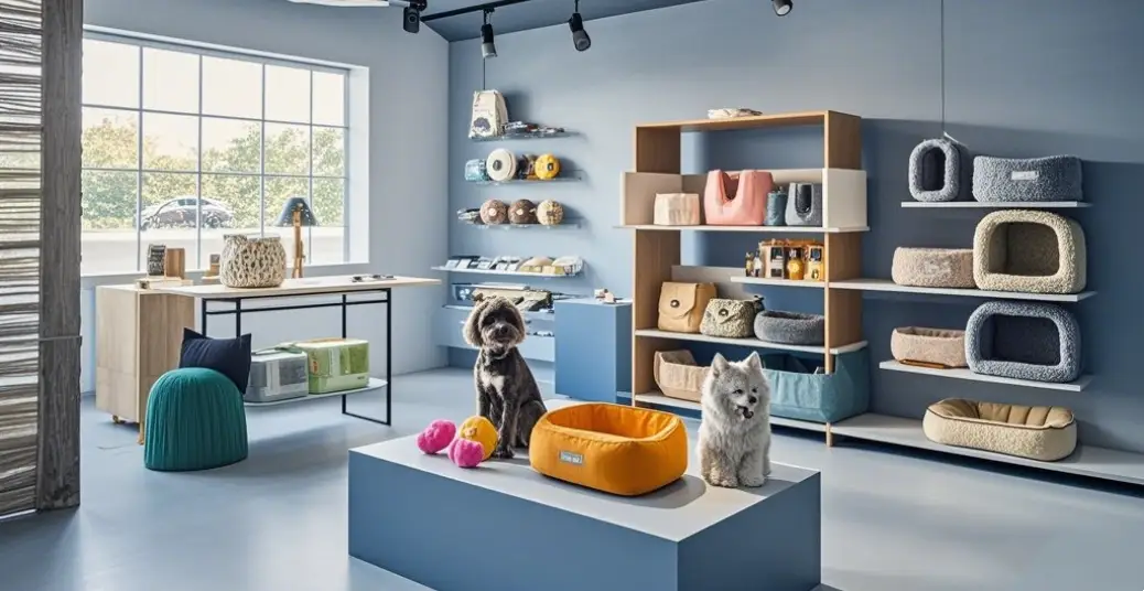 Une salle d'exposition moderne remplie d'articles innovants pour animaux de compagnie, notamment des jouets pour chiens, des lits pour chats et des accessoires.