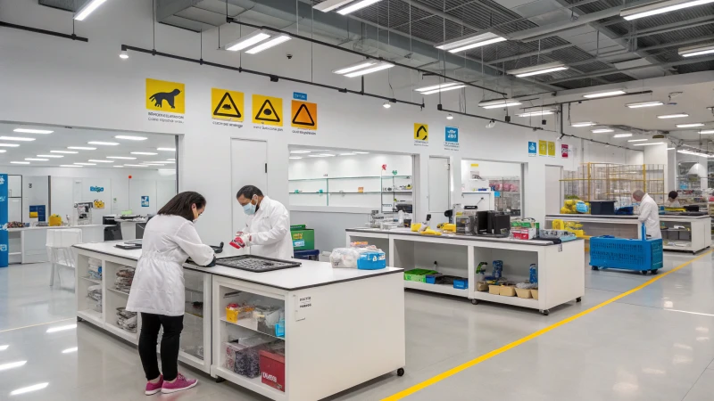Un moderno laboratorio per l'analisi dei prodotti per animali domestici con personale impegnato nel controllo di qualità.