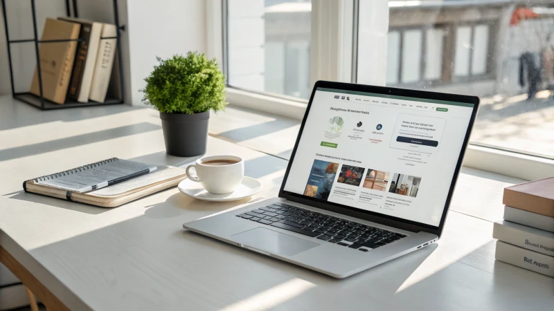 ノートパソコンとShopifyのダッシュボードがあるモダンなワークスペース