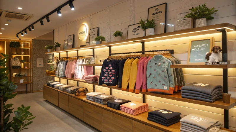 Expositor boutique de ropa para mascotas con prendas de colores