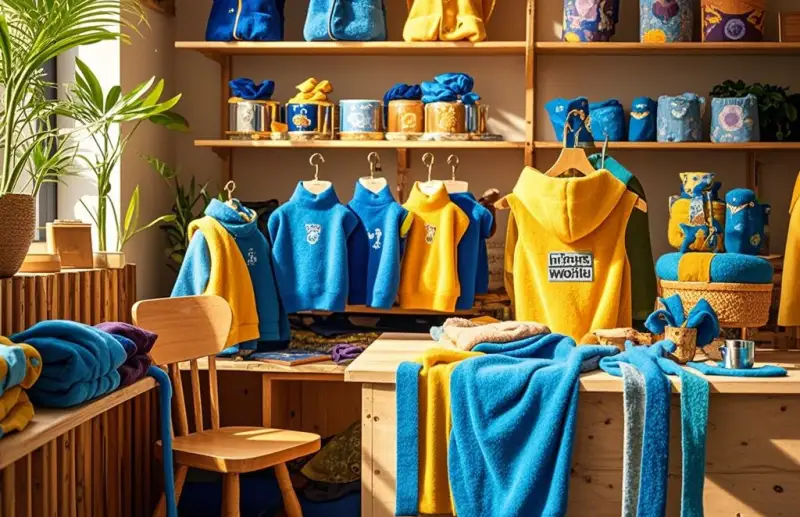 Un taller bien iluminado lleno de coloridas prendas y telas para mascotas.