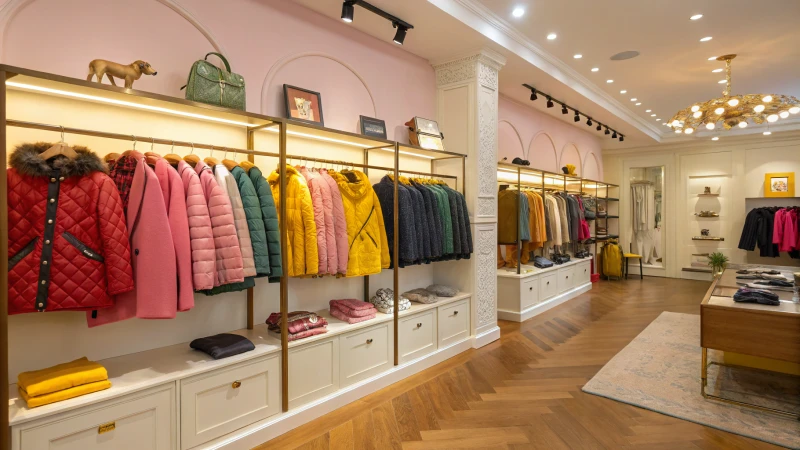 Interior de una elegante boutique de mascotas con ropa para perros