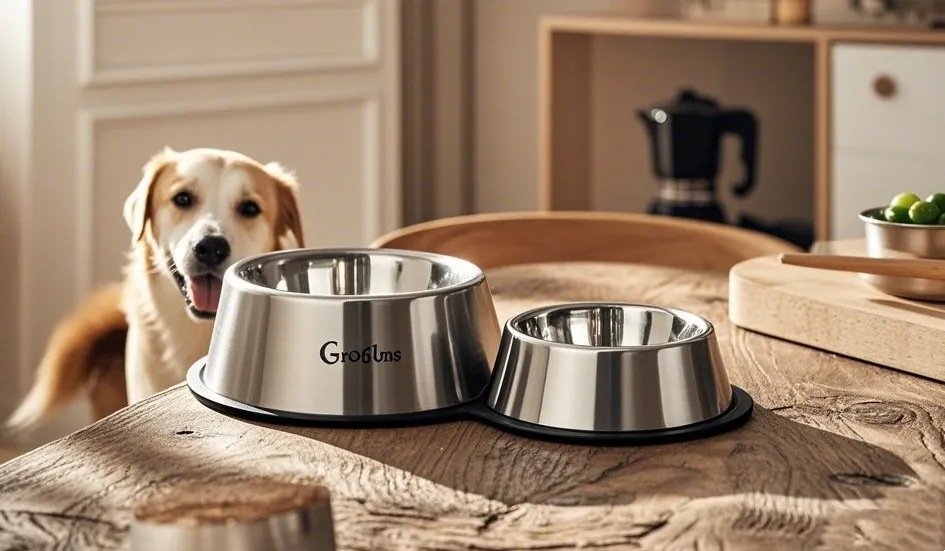 Présentation de bols en acier inoxydable pour animaux de compagnie sur une table rustique en bois, avec un chien en arrière-plan.
