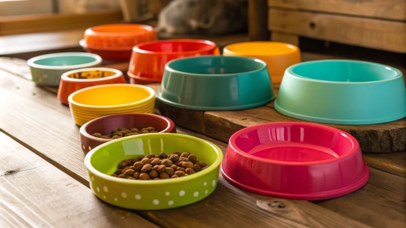 Une collection de bols colorés pour animaux de compagnie sur une table en bois