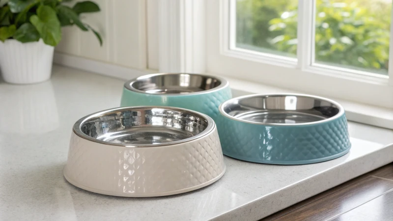 Trois bols distincts pour animaux de compagnie sur un comptoir de cuisine