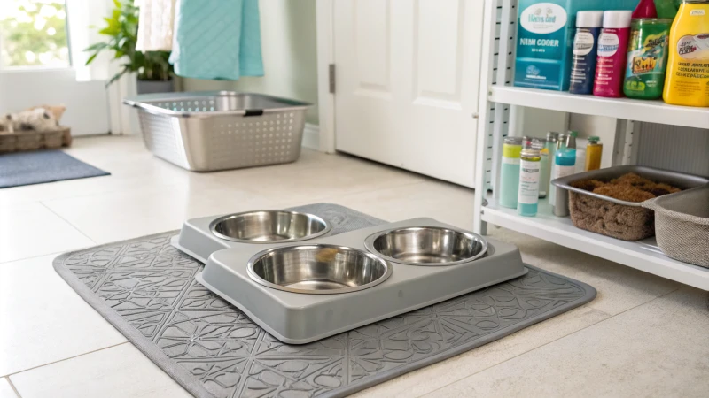 Zone d'alimentation hygiénique pour animaux de compagnie avec mangeoires en acier inoxydable