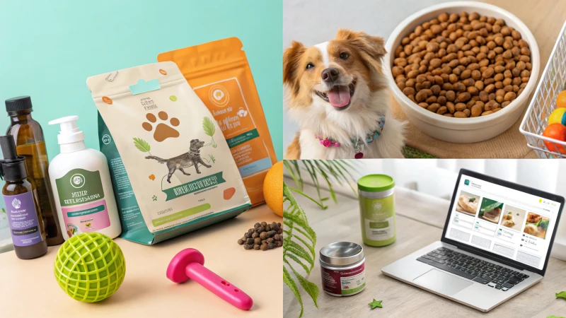 A vibrant collage of pet care products including food, health items, toys, and online shopping.