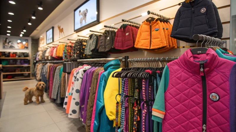 Una vivace esposizione di abbigliamento e accessori per cani in un negozio di animali.