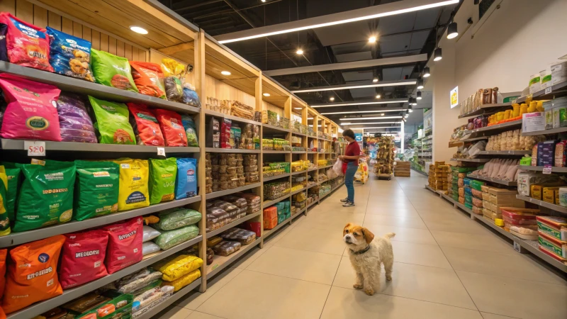 カラフルな商品が並ぶ棚とおもちゃで遊ぶ小型犬がいるペット用品店の店内。