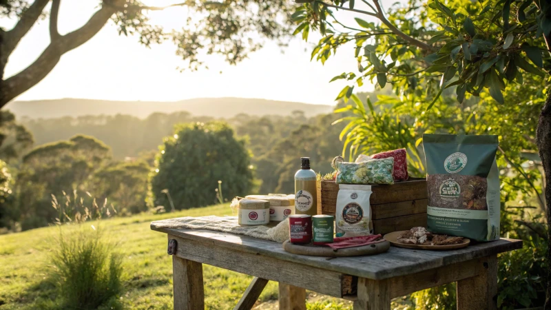 Scena all'aperto con Rover Pet Products su un tavolo di legno rustico circondato dal verde.