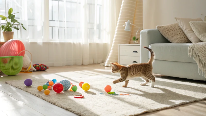 Un chat enjoué se jette sur des jouets colorés dans un salon ensoleillé.