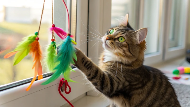 Un chat domestique aux yeux verts jouant avec un jouet en plumes coloré.