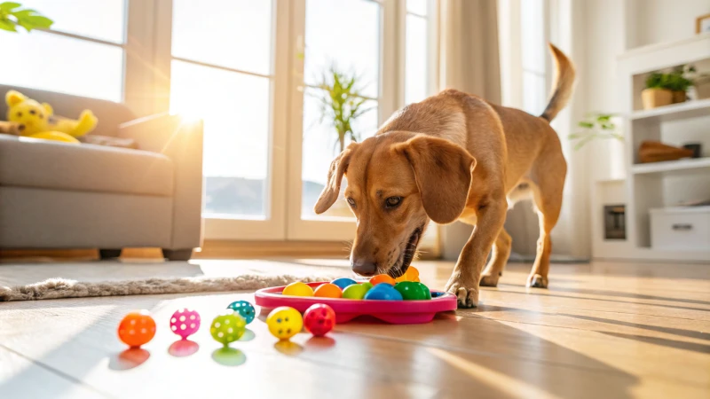 Ein mittelgroßer brauner Hund spielt in einem hellen Wohnzimmer mit einem lebhaften Leckerli verteilenden Puzzlespielzeug.