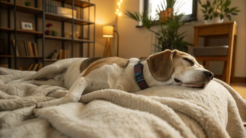 居心地の良い屋内で、柔らかい毛布の上に横たわるリラックスした犬。