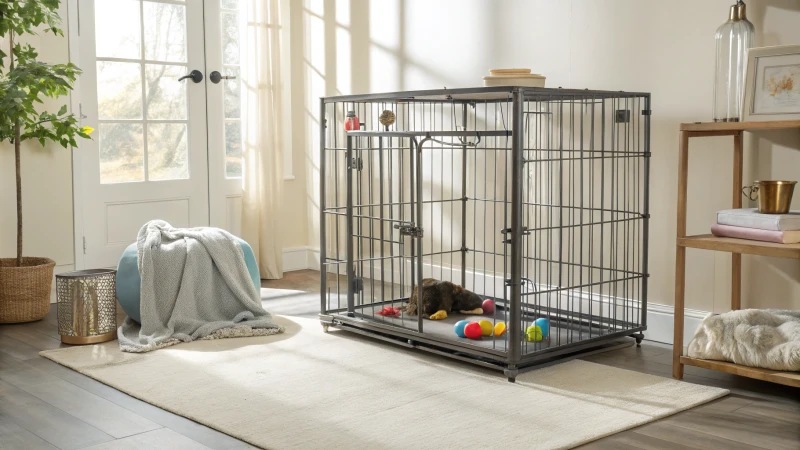 Une cage à chien en métal robuste dans une pièce lumineuse