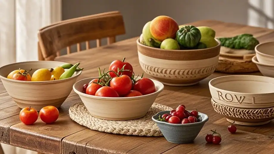 Tavolo da pranzo rustico con ciotole artigianali di Rowe Pottery piene di ingredienti freschi