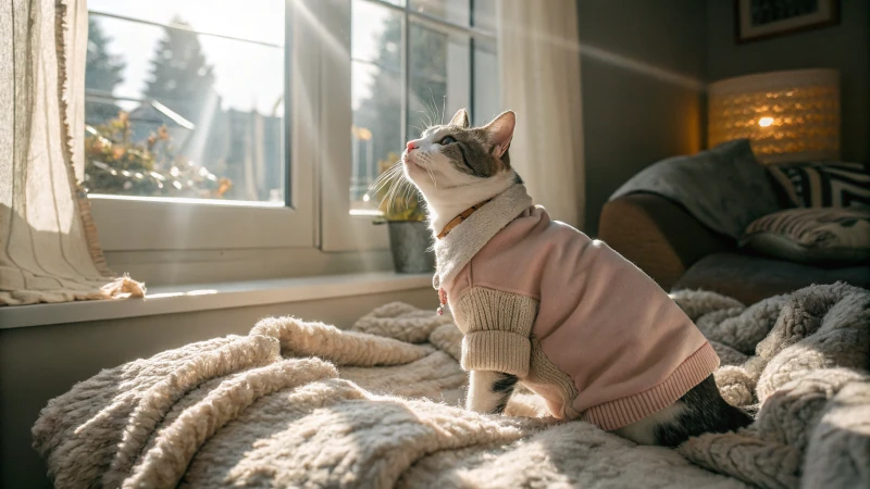 居心地の良い部屋で、おしゃれなセーターを着てくつろぐ猫。