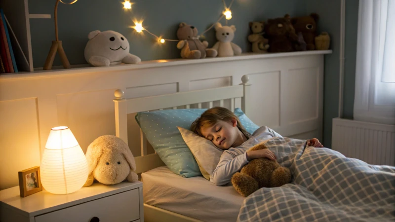 Una camera da letto tranquilla con un bambino che dorme e un'illuminazione calda