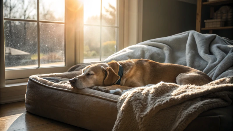 日差しが差し込む窓際で、ふかふかの犬用ベッドで眠る中型犬。