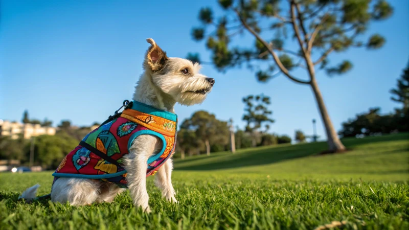 Ein kleiner Hund in einem lebhaften Outfit in einem sonnigen Park