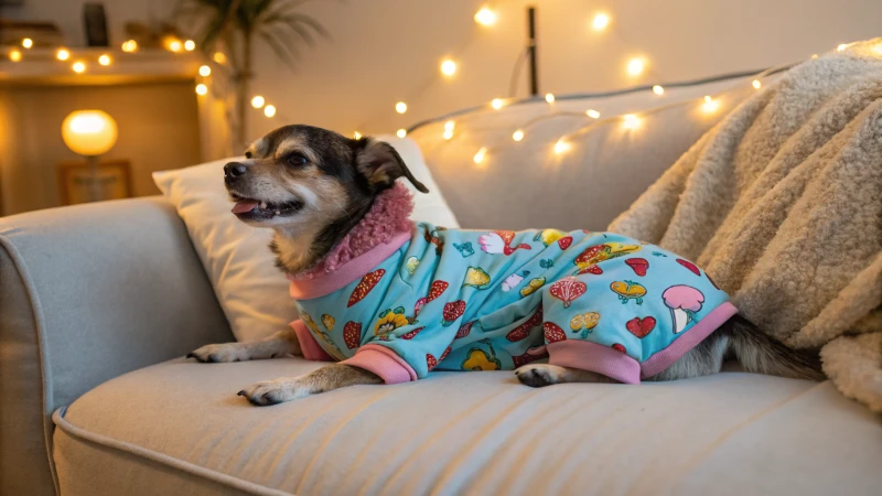 Un perrito en pijama descansando en un sofá