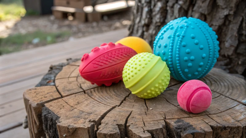 Una collezione di giocattoli per cani colorati e resistenti di SodaPup su una superficie in legno