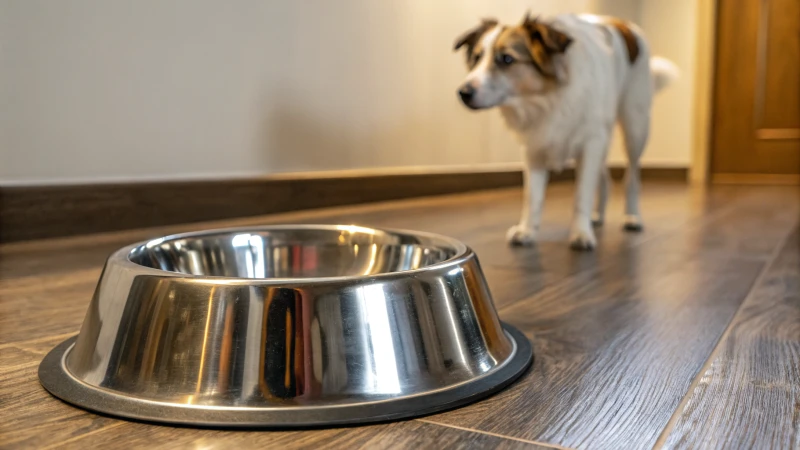 Una ciotola per cani in acciaio inossidabile su un pavimento di legno con un cane nelle vicinanze