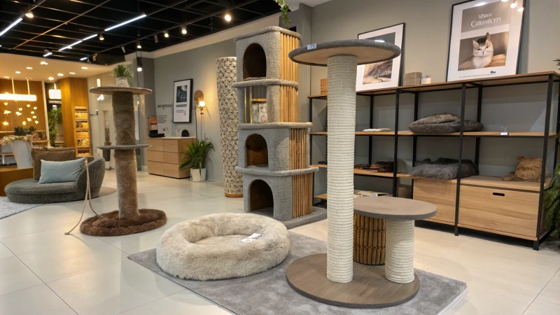Une salle d'exposition moderne remplie de meubles élégants pour chats