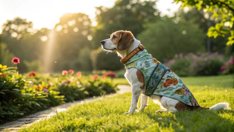 Un chien élégant portant une tenue écologique colorée, assis dans un parc ensoleillé.