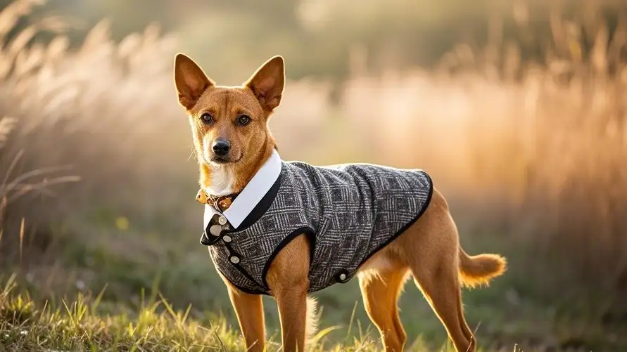 Un chien bien toiletté, vêtu d'une veste élégante, debout dans un champ ensoleillé