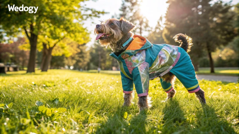 Un perro elegante con un conjunto de alta calidad jugando en un parque soleado.