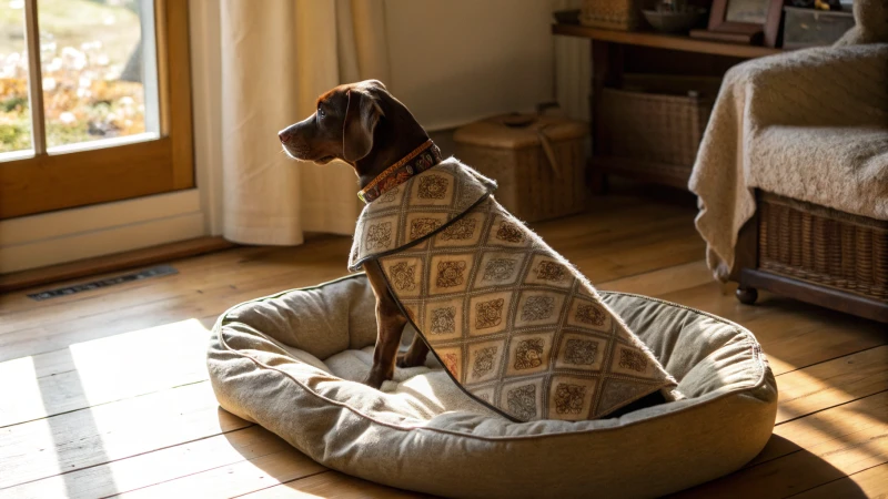 Un abrigo para perros hecho a mano sobre una acogedora cama para perros en un cálido interior