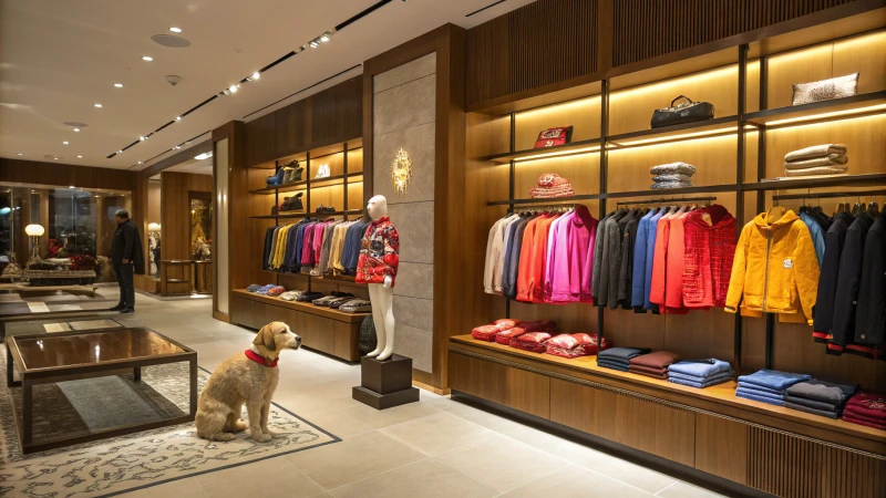 Interior de una elegante boutique de mascotas con ropa y accesorios para perros