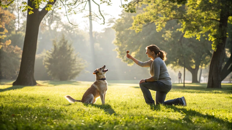 Addestratore in ginocchio accanto a un cane felice in un parco