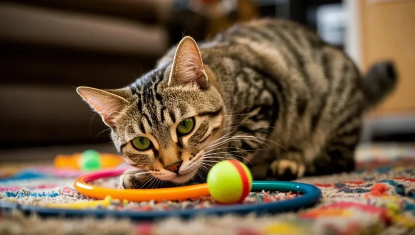 Un chat tabby enjoué interagit avec une balle colorée sur un tapis.