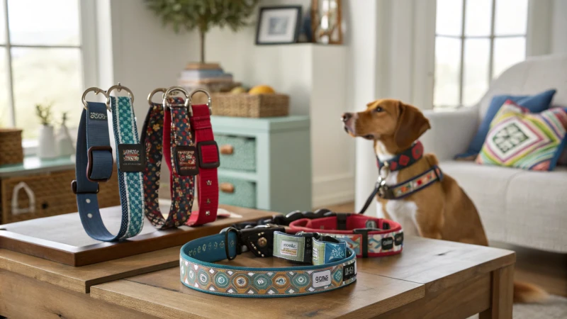 Espositori personalizzabili per cani, tra cui pettorine, collari e medagliette.